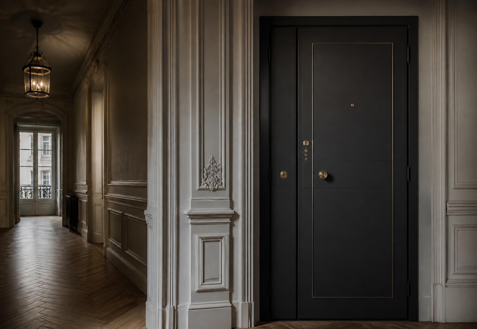 Porte blindée noire à finition laiton posée sur un palier haussmannien parisien